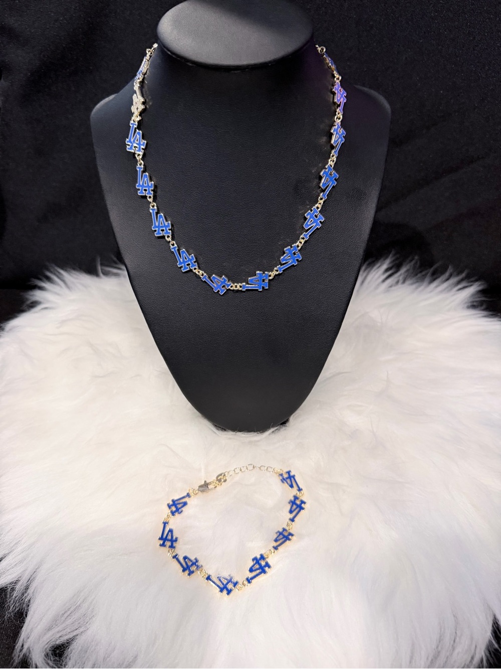 Blue LA Logo Gold plated Necklace and Bracelet Set